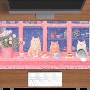 Kawaii Cats in Café Desk Mat - Adorable Cat-Themed Office Decor, Pink & Pastel Aesthetic for Cute Workspace