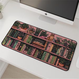 Alfombrilla de escritorio con estantería rosa / Alfombrilla de ratón con diseño de biblioteca caprichosa, alfombrilla de escritorio para amantes de las plantas, alfombrilla de juego acogedora con temática de libros, decoración estética de oficina