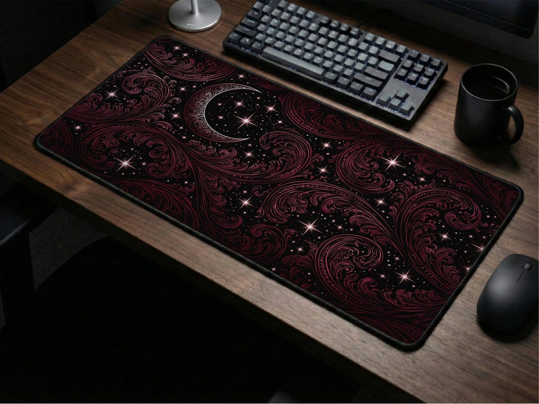Crescent Moon Desk Mat | Gothic Night Sky Gaming Pad | Dark Red ...