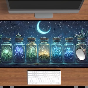 Mystical Apothecary Desk Mat with Glowing Crystals & Celestial Decor - Moon Phase Design for Home Office or Witchy Space