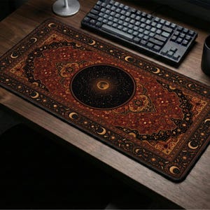 Persian Rug Desk Mat Deep Red Gold | Celestial Star Map Large Mouse Pad | Astrology Office Decor Gift