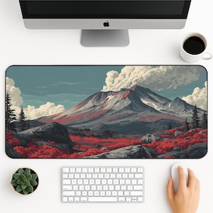 Volcanic Mountain Desk Mat: Retro National Park Landscape Mousepad