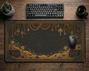 Treasure Vault Desk Mat | Gold Coins Goblets Keys Fantasy Deskpad, Gaming Mouse Pad, RPG Office Gift