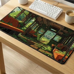 May include: A rectangular mousepad featuring an anime-style illustration of an abandoned train car overgrown with greenery. The artwork includes orange seating, windows, and lush vegetation, creating a post-apocalyptic scene. The mousepad is on a wooden desk.
