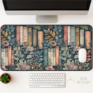 Floral Books Desk Mat - Book Lover Mousepad, Cute & Trendy Workspace, Reading Desk Pad, Aesthetic Desk Accessory, Reader&#39;s Home Decor