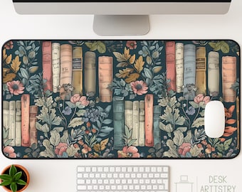 Floral Books Desk Mat - Book Lover Mousepad, Cute & Trendy Workspace, Reading Desk Pad, Aesthetic Desk Accessory, Reader's Home Decor
