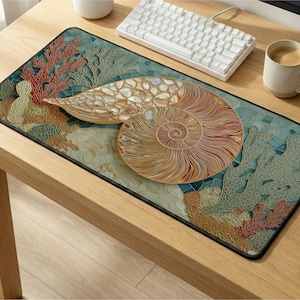 Puede incluir: Alfombrilla de ratón rectangular con un diseño de concha de nautilus, corales y elementos de mosaico. La concha es de color beige, marrón y blanco, sobre un fondo turquesa y beige. La alfombrilla tiene un borde negro.