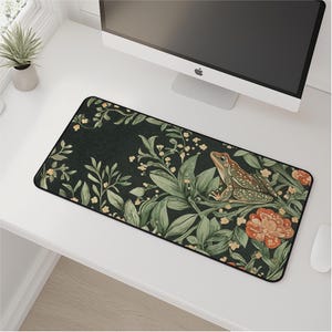 Art Nouveau Frog Desk Mat - Floral Mousepad for Frog Lovers, Aesthetic Green Desk Pad, Home Office Accessory and Decor