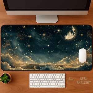 Starry Moonlit Desk Mat - Cloudy and Starry Night Sky Mousepad, Dark Blue Keyboard Mat, Moon and Stars Desk Pad, Aesthetic Desk Decor