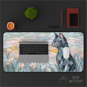Garden Cat Desk Mat - Faux Stained Glass XL Mousepad, Cute Office Decor, Extended Keyboard Mat, Soft Pastel Desk Pad, Aesthetic Desk Decor image 7