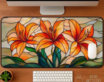 Floral Desk Mat: Faux Stained Glass Orange Tiger Lily Office Decor