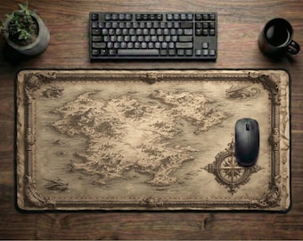 Fantasy Map Desk Mat | Vintage Parchment Dragon Map Pad, RPG Gaming Mouse Pad, TTRPG Office Gift