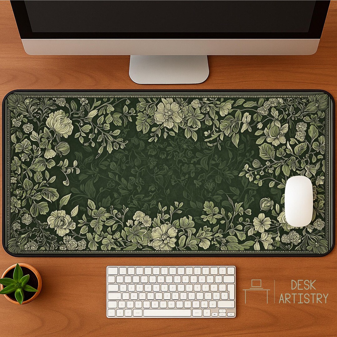 Floral Computer Mat Vintage Floral Desk Mat | Dark Green Mousepad, Elegant Botanical Pad ...