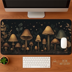Mushroom Forest Desk Mat: Golden Toadstools & Firefly Night Scene