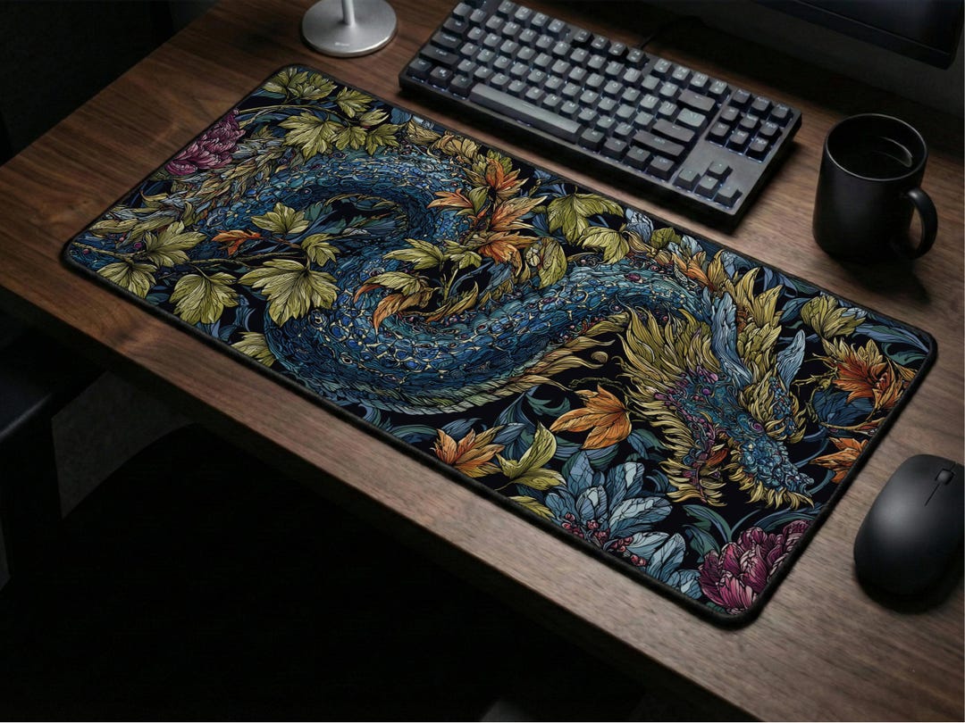 Coiled Dragon Desk Mat : Dark Botanical Mousepad, Fantasy Floral Gaming ...