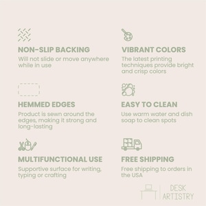 May include: An informational graphic on a light background featuring six icons and text: Non-slip backing, vibrant colors, hemmed edges, easy to clean, multifunctional use, and free shipping. The bottom right corner displays the text Desk Artistry.