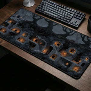 May include: A rectangular desk mat featuring a dark, detailed illustration of a subterranean stone dwelling built into a hillside. The scene depicts multiple arched doorways and windows illuminated by warm, glowing orange light.