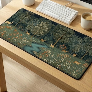 Puede incluir: Una alfombrilla de ratón rectangular con una escena de bosque que representa ciervos, un arroyo y árboles. El diseño incorpora tonos verdes, marrones y azules, creando una estética inspirada en la naturaleza. La alfombrilla está sobre un escritorio de madera.
