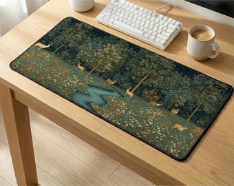 Medieval Tapestry Desk Mat: Whimsigoth Forest Mouse Pad, Renaissance Art Office Decor, Millefleurs Deer Print, Fairycore Gaming Mat XL