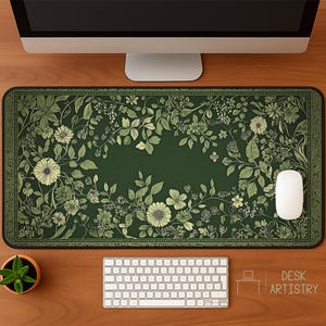 Green Floral Desk Mat | Ornate Botanical Mousepad | Nature-Inspired Desk Pad | Cottagecore Office Decor