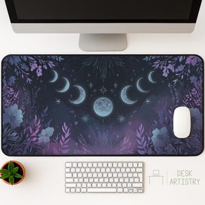 Moon Phase Desk Mat: Celestial Purple & Blue Botanical Office Decor