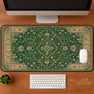 A printed emerald rug style desk mat featuring an ornate Persian floral pattern in gold on a deep green background, designed for a vintage and classic look.