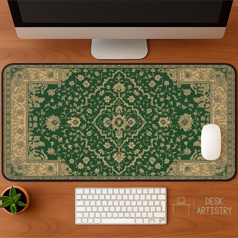 A printed emerald rug style desk mat featuring an ornate Persian floral pattern in gold on a deep green background, designed for a vintage and classic look.