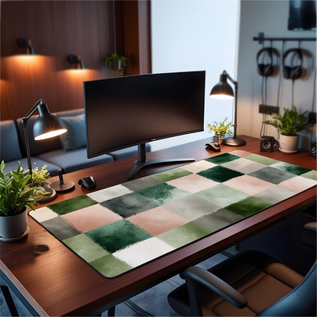 Earth Tone Checkered Desk Mat With Watercolor Pattern: Large Minimalist ...