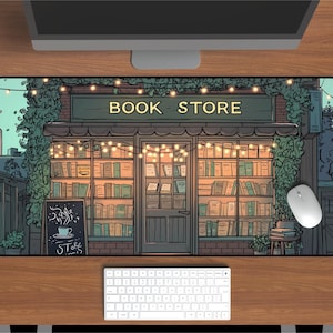 Könnte beinhalten: Eine digitale Illustration eines Buchladens mit einem Schild, auf dem "Book Store" steht. Der Laden hat ein großes Schaufenster mit Regalen voller Bücher. Über dem Schaufenster hängen Lichterketten. Der Laden ist von Bäumen und Büschen umgeben.
