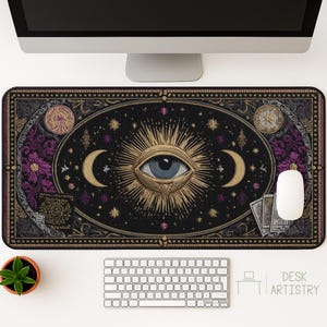 Gothic Tarot Desk Mat | Purple Eye Mouse Pad | Celestial Moon Phase Decor | Occult Gift for Mystics, Witches & Gamers