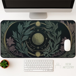 Celestial Desk Mat | Moon Phase Floral Mousepad | Mystical Botanical Desk Pad | Witchy Office Decor | Gift for Astrology Lovers