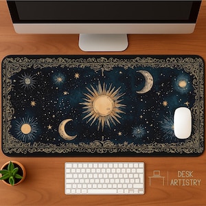 Celestial Tarot Desk Mat: Mystical Sun, Moon & Star Mousepad