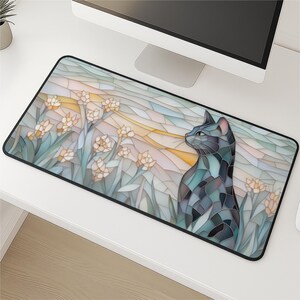 Garden Cat Desk Mat - Faux Stained Glass XL Mousepad, Cute Office Decor, Extended Keyboard Mat, Soft Pastel Desk Pad, Aesthetic Desk Decor image 2