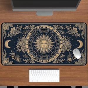 Alfombrilla de escritorio celestial / Alfombrilla de ratón con sol del zodíaco / Alfombrilla de escritorio de astrología mística / Decoración ocultista vintage / Regalo de oficina de brujas