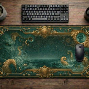 May include: A rectangular desk mat featuring a dark green oceanic scene with a large kraken emerging from the water. The design is framed by an ornate gold border with nautical elements like anchors and a circular porthole containing a ship.