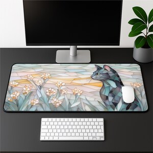 Garden Cat Desk Mat - Faux Stained Glass XL Mousepad, Cute Office Decor, Extended Keyboard Mat, Soft Pastel Desk Pad, Aesthetic Desk Decor image 9