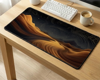 Celestial Dune Desk Mat: Minimalist Desert Mouse Pad, Burnt Sienna Office Decor, Mustard Gold Keyboard Mat, Aesthetic Large Gaming Pad
