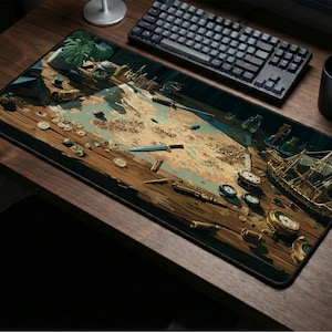 May include: A rectangular mousepad featuring a detailed illustration of a vintage map with nautical elements. The design includes a ship, compasses, coins, and a knife, all set against a wooden background. A keyboard, mouse, and mug are also visible.