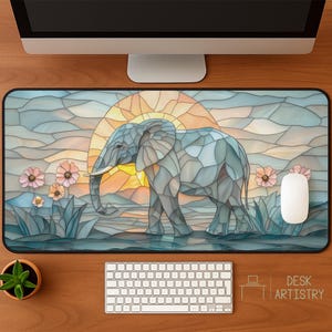 Elephant Desk Mat: Faux Stained Glass Sunset Mousepad