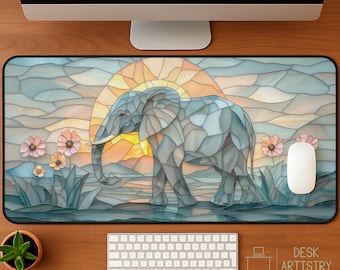 Elephant Desk Mat: Faux Stained Glass Sunset Mousepad