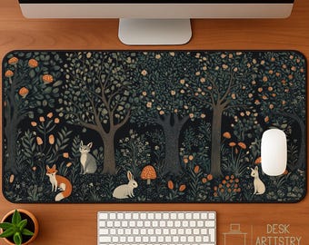 Woodland Animals Desk Mat: Cottagecore Fox & Bunny Mousepad