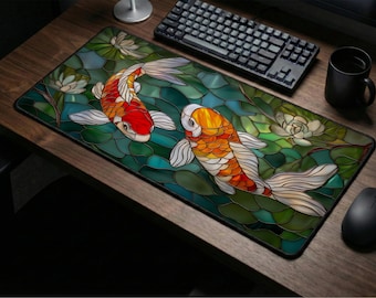 Stained Glass Koi Desk Mat: Japanese Fish Mouse Pad, Lily Pad Office Decor, Vintage Art Keyboard, Elegant Gaming Pad