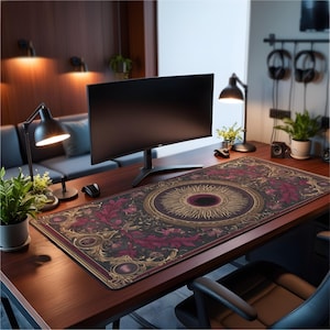 May include: A decorative desk mat with a detailed design featuring a central sunburst pattern and ornate floral elements in burgundy, gold, and black. The mat is rectangular and covers a wooden desk, with a computer monitor and desk lamp visible.