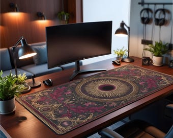 May include: A rectangular desk mat with a detailed design. It features a central sunburst pattern and ornate floral elements in burgundy, gold, and black. The mat covers a wooden desk, with a computer monitor and desk lamp visible.