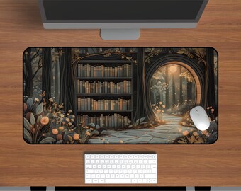 May include: A rectangular desk mat featuring a printed illustration of a forest scene with a bookshelf filled with books, a stone path leading through a circular archway into a glowing woodland, and orange flowers in the foreground.