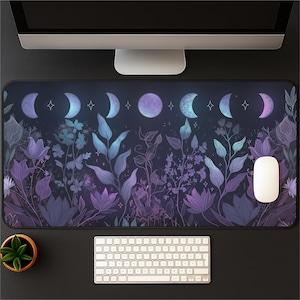 Moon Phase Desk Mat | Purple Witchy Mousepad | Celestial Botanical Desk Pad | Magical Gift for Moon Lovers