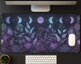 Alfombrilla de escritorio con fases lunares: alfombrilla botánica celestial morada de bruja