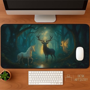 Fantasy Forest Desk Mat | Enchanted Unicorn Mousepad | Magical Stag Desk Pad | Fairy Tale Gift for Gamers & Dreamers