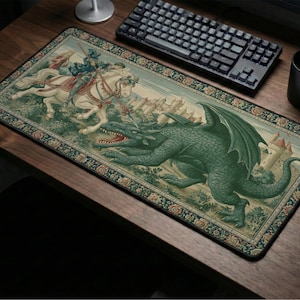 May include: A rectangular mousepad featuring a medieval tapestry design. The artwork depicts a knight on horseback jousting a green dragon, with a castle in the background. The border has a floral pattern.