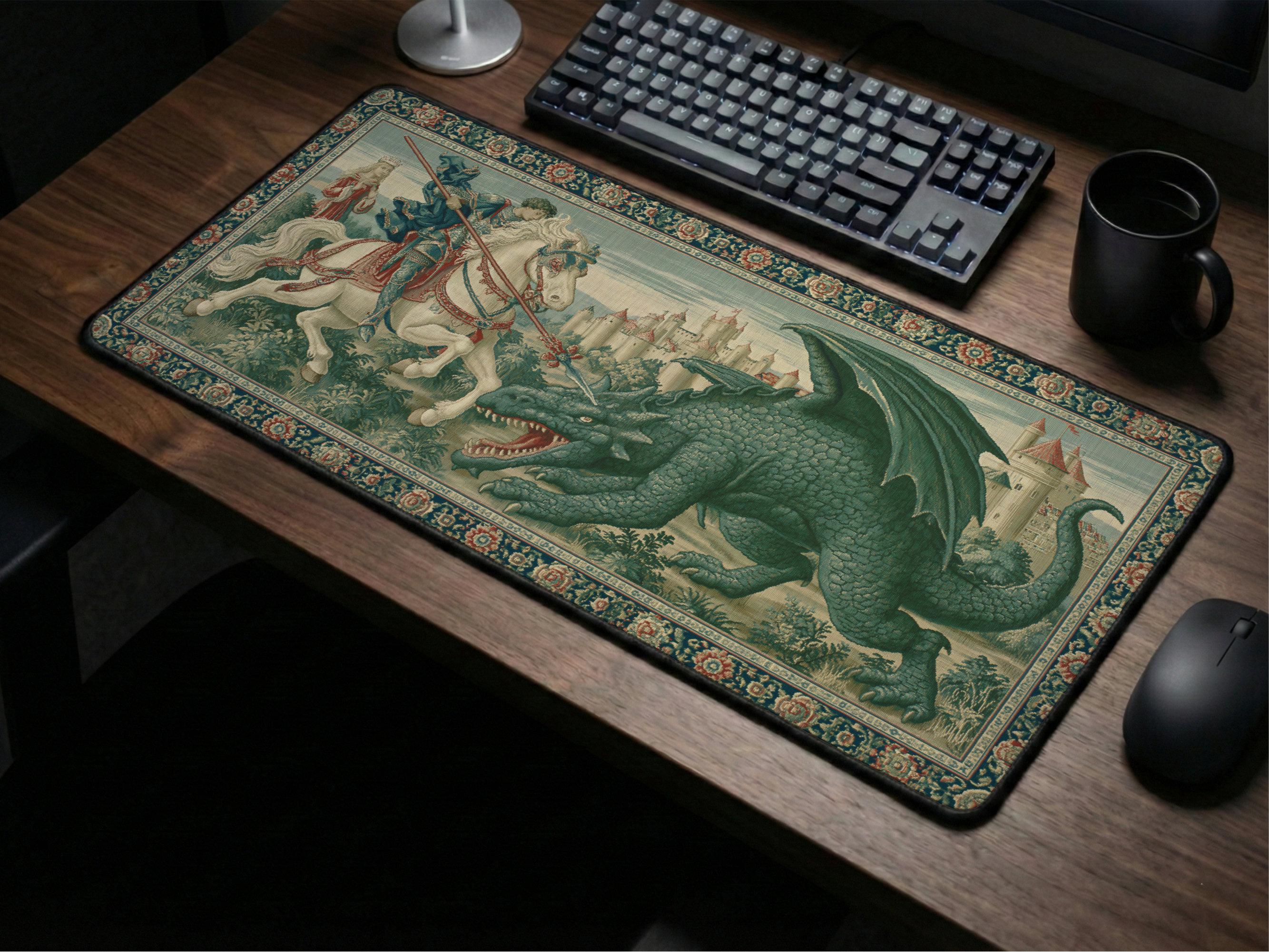 Knight Dragon Desk Mat : Medieval Tapestry Mousepad, Fantasy Battle ...